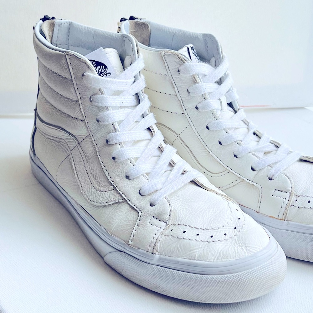 Vans | All White Genuine Leather | SK-8 Hi Tops | Men’s Sz 6.5 | Women’s Sz 8